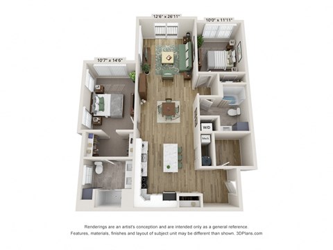 Floor plan for 2 beds, 2 baths, 1214 sqft